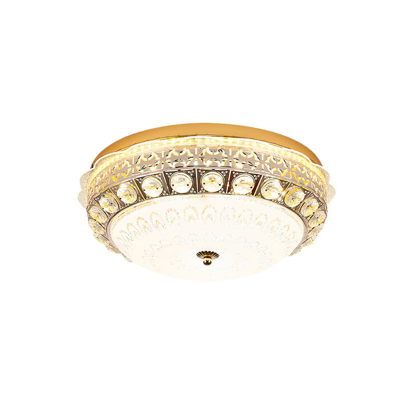 Ivory Glass Gold Ceiling Dome LED Flush Mount with Crystal Accent