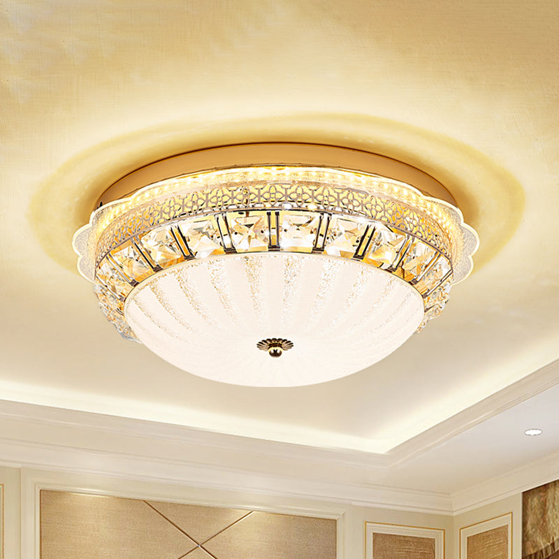 Ivory Glass Gold Ceiling Dome LED Flush Mount with Crystal Accent