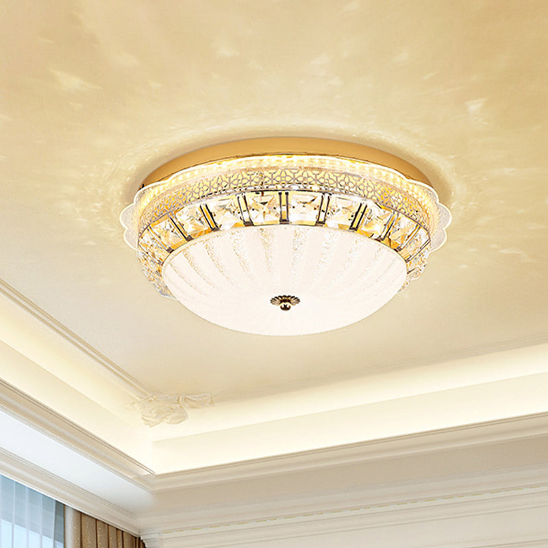 Ivory Glass Gold Ceiling Dome LED Flush Mount with Crystal Accent