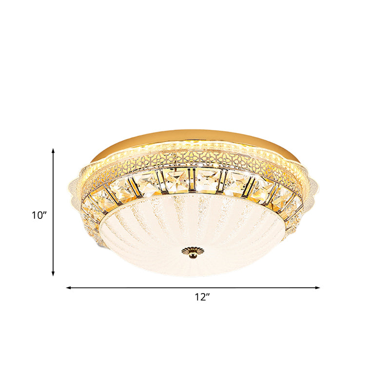 Ivory Glass Gold Ceiling Dome LED Flush Mount with Crystal Accent