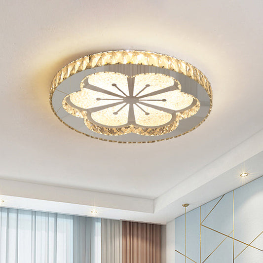 Simplicity Etched Deer/Flower LED Flushmount Light: Rectangular-Cut Crystal Ceiling Mount in Nickel with Circular Design