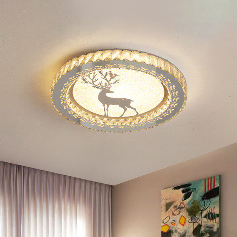 Simplicity Etched Deer/Flower LED Flushmount Light: Rectangular-Cut Crystal Ceiling Mount in Nickel with Circular Design