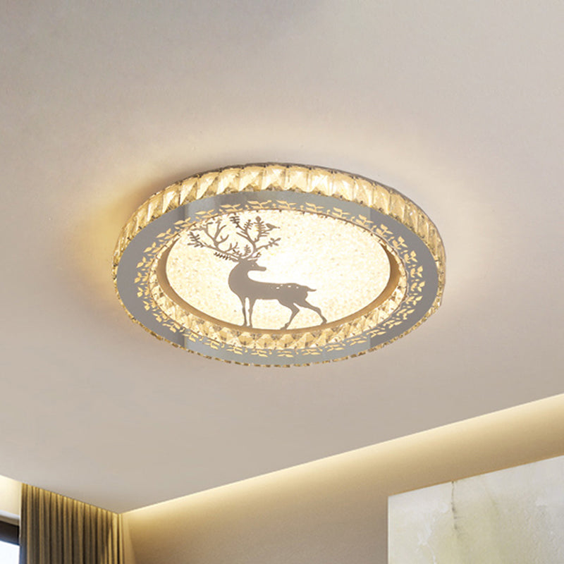 Simplicity Etched Deer/Flower LED Flushmount Light: Rectangular-Cut Crystal Ceiling Mount in Nickel with Circular Design