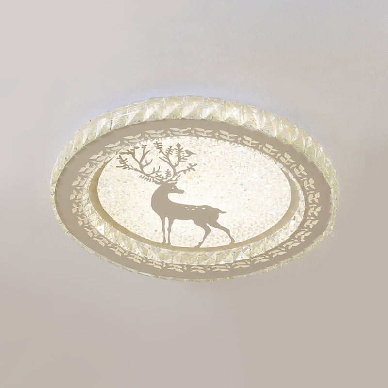 Simplicity Etched Deer/Flower LED Flushmount Light: Rectangular-Cut Crystal Ceiling Mount in Nickel with Circular Design