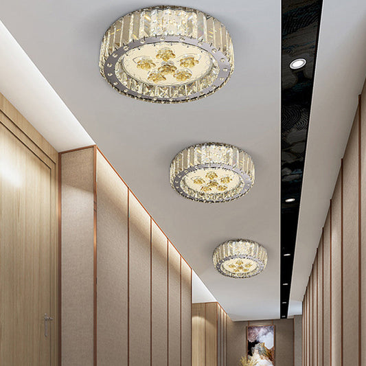 LED Drum Shade Crystal Ceiling Lamp with Flush Mount Spotlight in Nickel finish