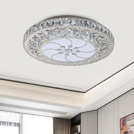 Contemporary LED Drum Ceiling Fixture Nickel Finish Crystal Flush Mount