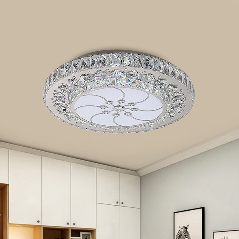 Contemporary LED Drum Ceiling Fixture Nickel Finish Crystal Flush Mount
