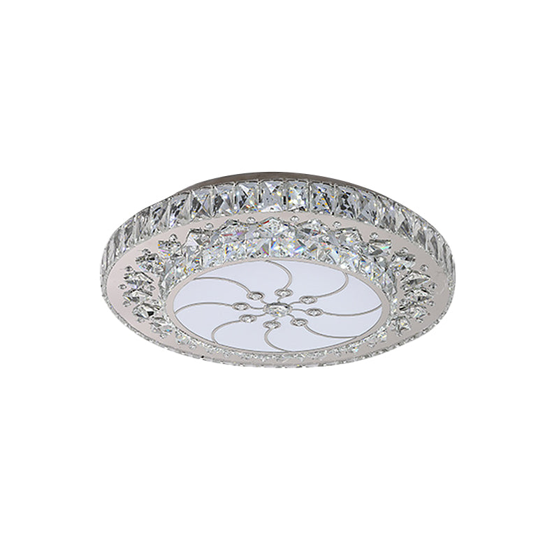 Contemporary LED Drum Ceiling Fixture Nickel Finish Crystal Flush Mount