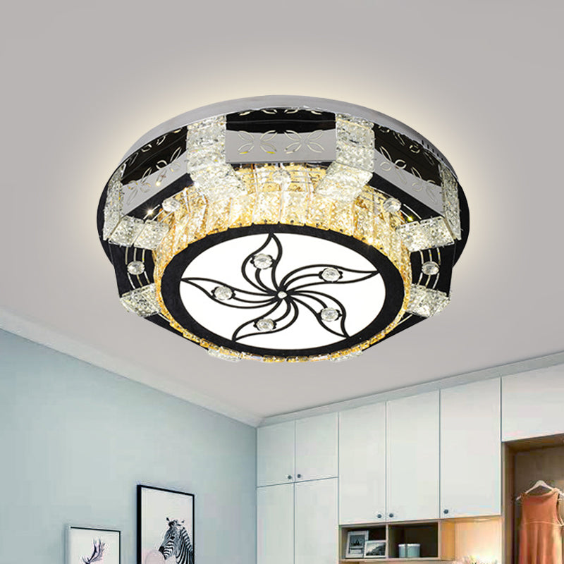 Plafonnier encastré à LED moderne avec abat-jour tambour en cristal en nickel - Motif fleur/quatre feuilles