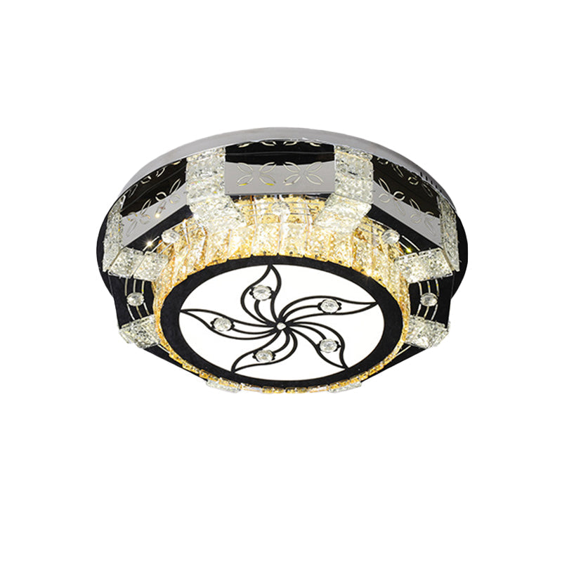 Plafonnier encastré à LED moderne avec abat-jour tambour en cristal en nickel - Motif fleur/quatre feuilles