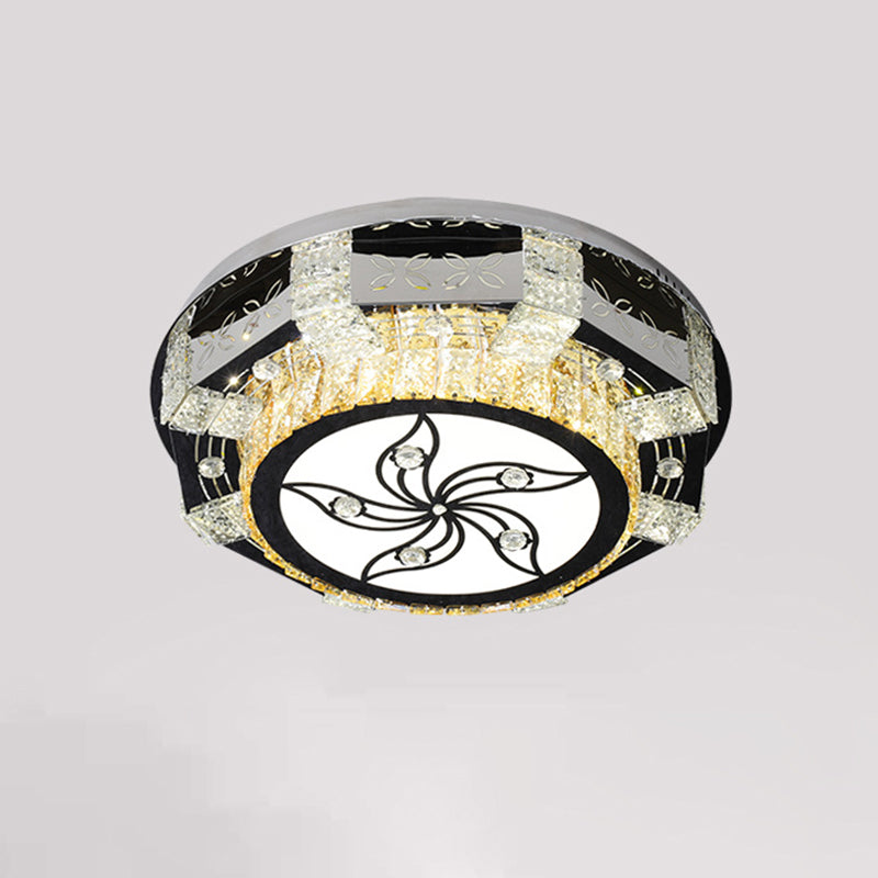 Plafonnier encastré à LED moderne avec abat-jour tambour en cristal en nickel - Motif fleur/quatre feuilles