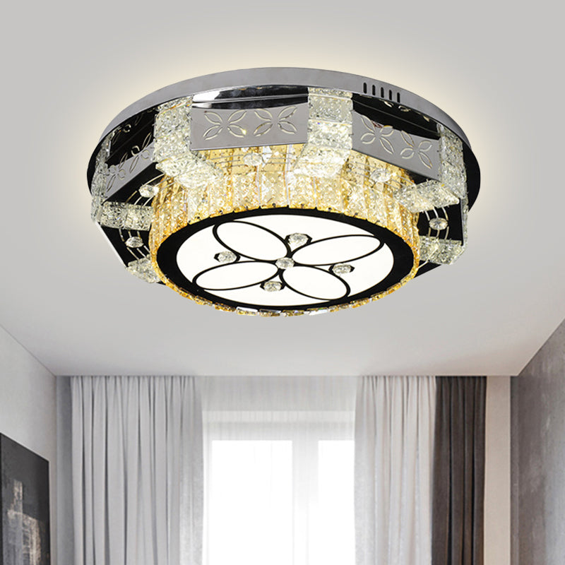 Plafonnier encastré à LED moderne avec abat-jour tambour en cristal en nickel - Motif fleur/quatre feuilles