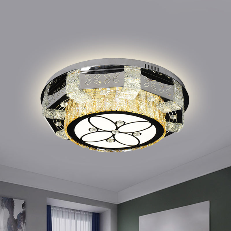 Plafonnier encastré à LED moderne avec abat-jour tambour en cristal en nickel - Motif fleur/quatre feuilles
