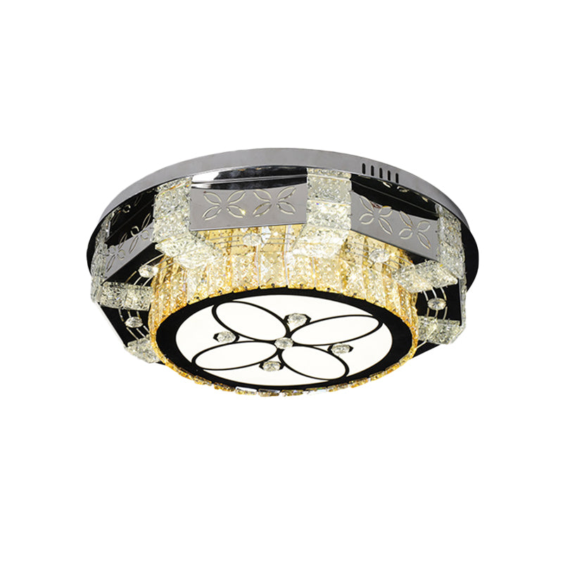 Plafonnier encastré à LED moderne avec abat-jour tambour en cristal en nickel - Motif fleur/quatre feuilles