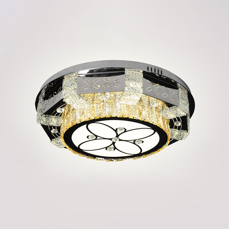 Modern Led Flush Mount Ceiling Light Fixture With Crystal Block Drum Shade In Nickel -