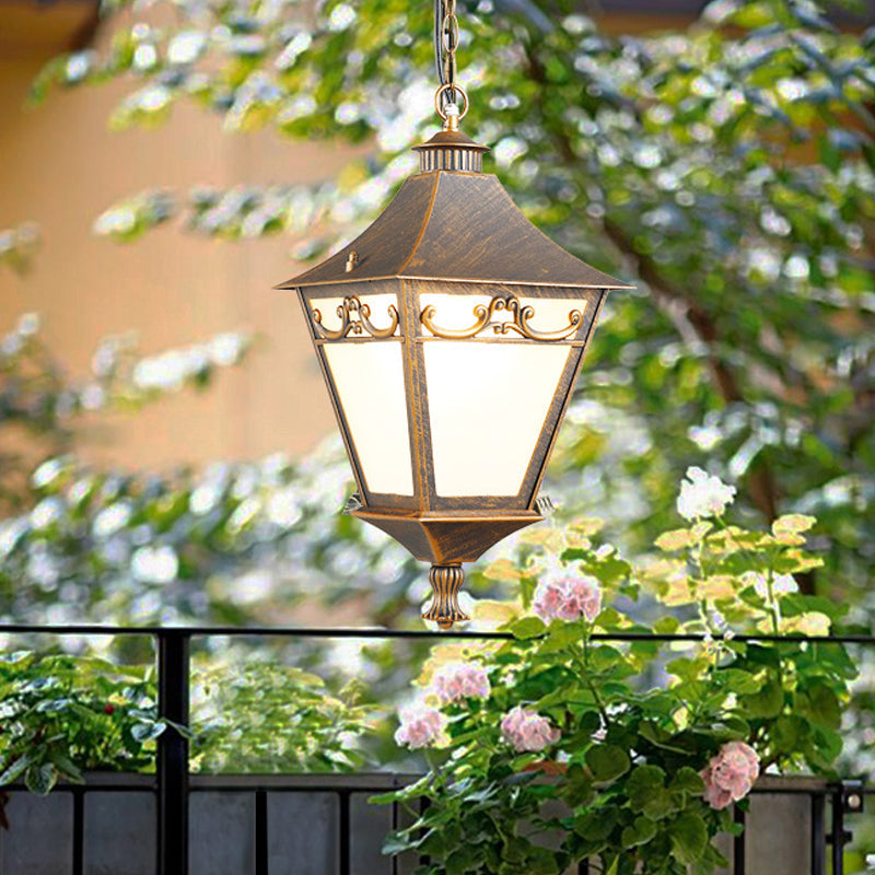 Rustic White Glass Lantern Hanging Ceiling Light - Black/Bronze Single Bulb Pendant For Corridor