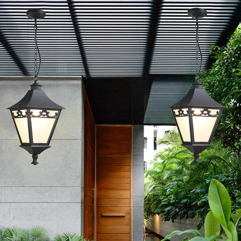 Rustic White Glass Lantern Hanging Ceiling Light - Black/Bronze Single Bulb Pendant For Corridor