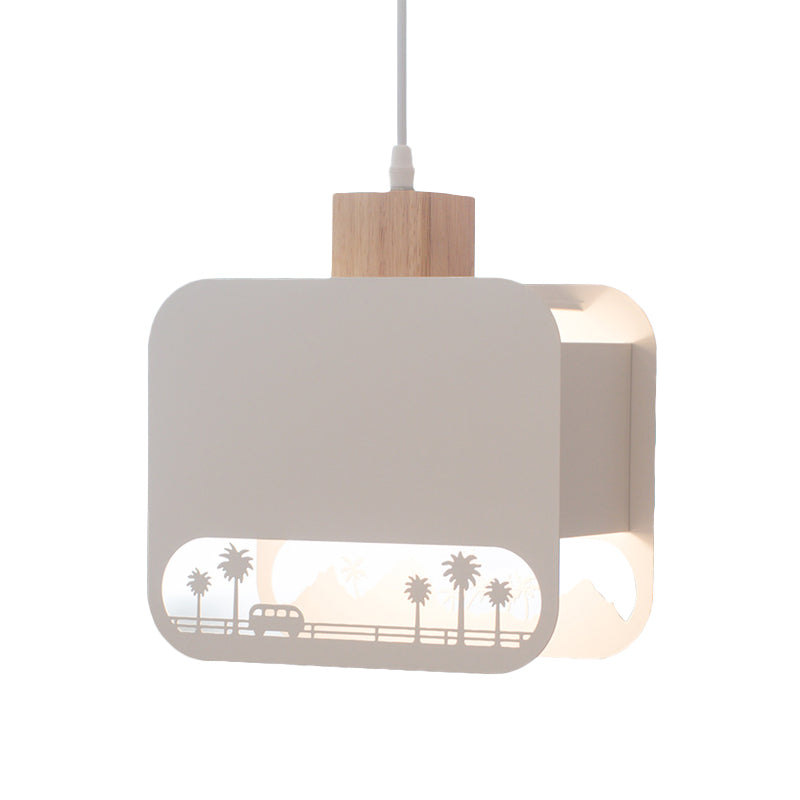 Nordic Style Wood And White Kids Bedroom Hanging Light Kit With Etched Iron Shade