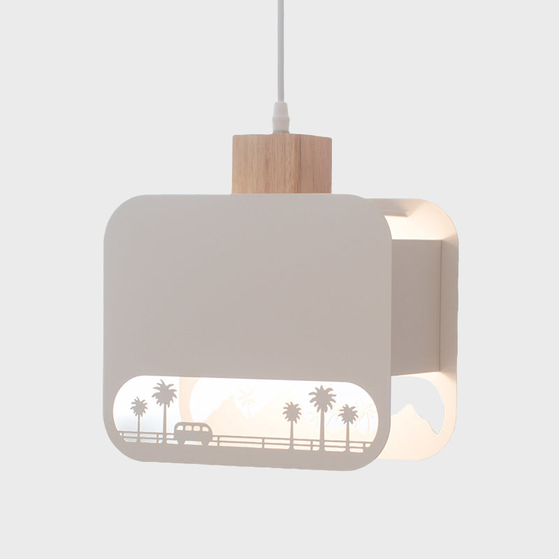 Nordic Style Wood And White Kids Bedroom Hanging Light Kit With Etched Iron Shade