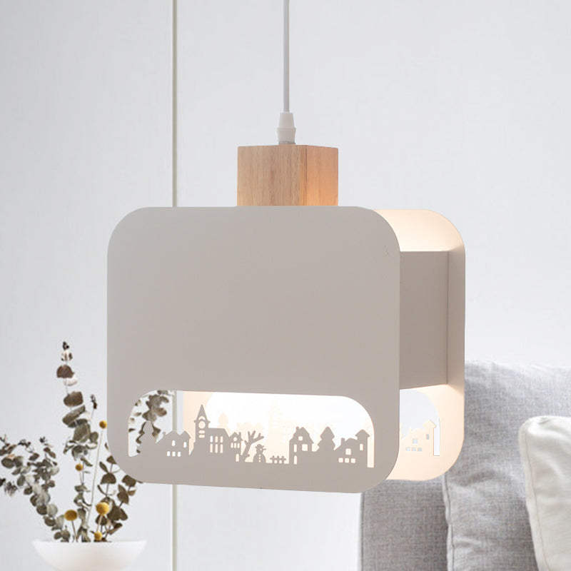 Nordic Style Wood And White Kids Bedroom Hanging Light Kit With Etched Iron Shade
