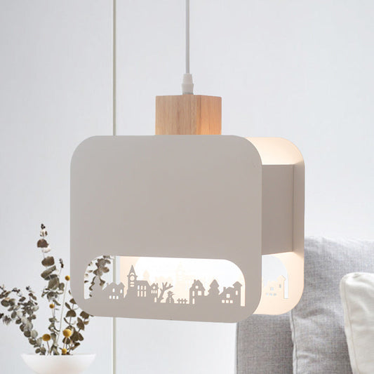 Nordic Style Wood And White Kids Bedroom Hanging Light Kit With Etched Iron Shade / C