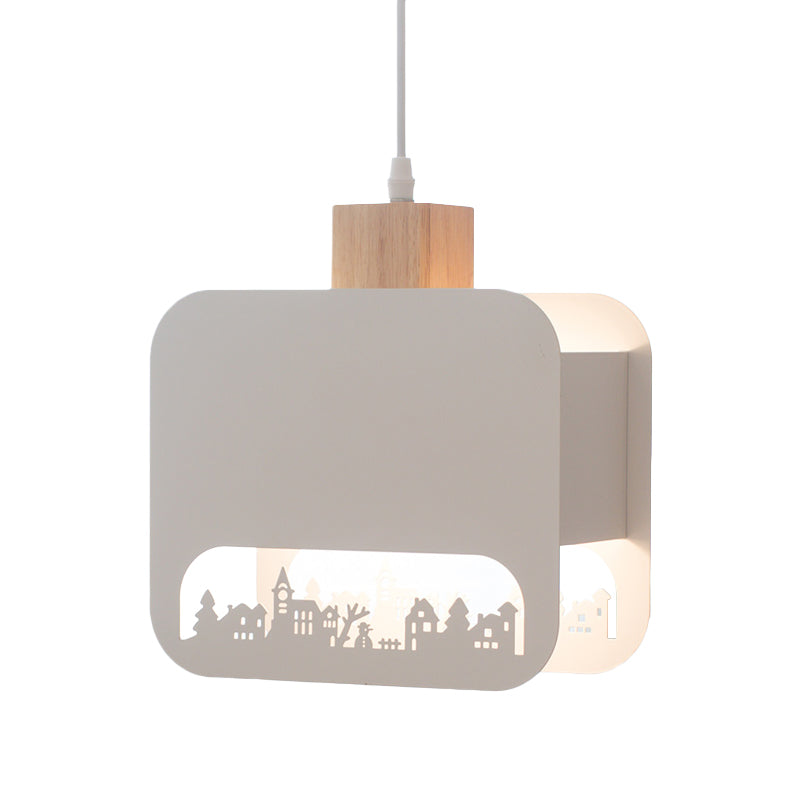 Nordic Style Wood And White Kids Bedroom Hanging Light Kit With Etched Iron Shade