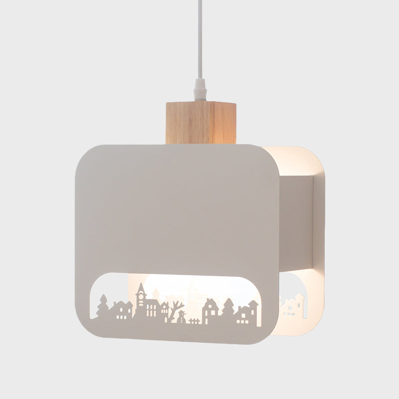 Nordic Style Wood And White Kids Bedroom Hanging Light Kit With Etched Iron Shade