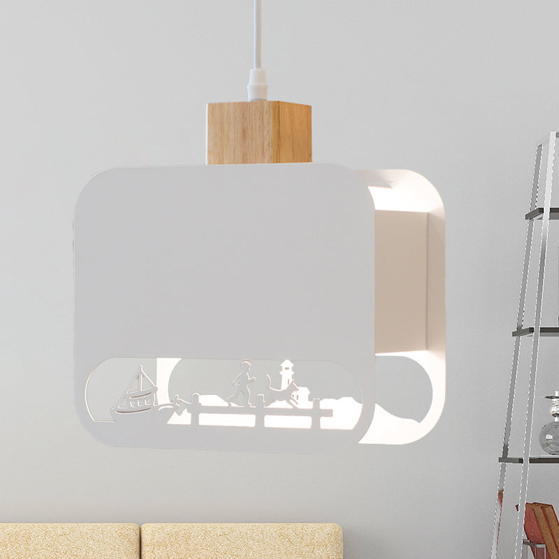 Nordic Style Wood And White Kids Bedroom Hanging Light Kit With Etched Iron Shade
