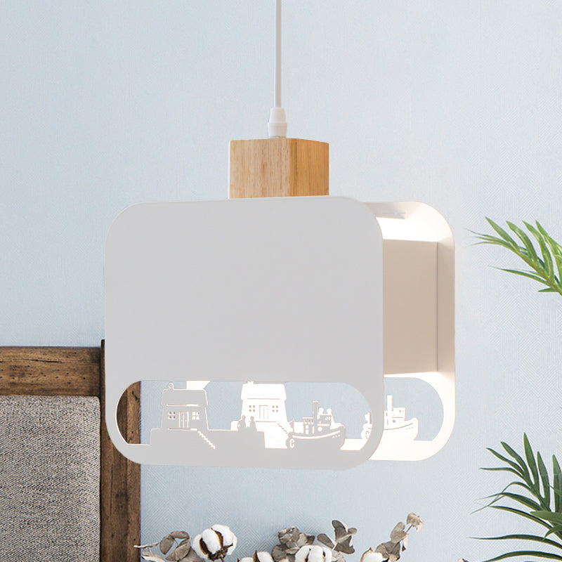 Nordic Style Wood And White Kids Bedroom Hanging Light Kit With Etched Iron Shade
