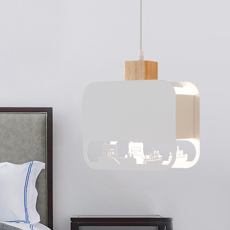 Nordic Style Wood And White Kids Bedroom Hanging Light Kit With Etched Iron Shade