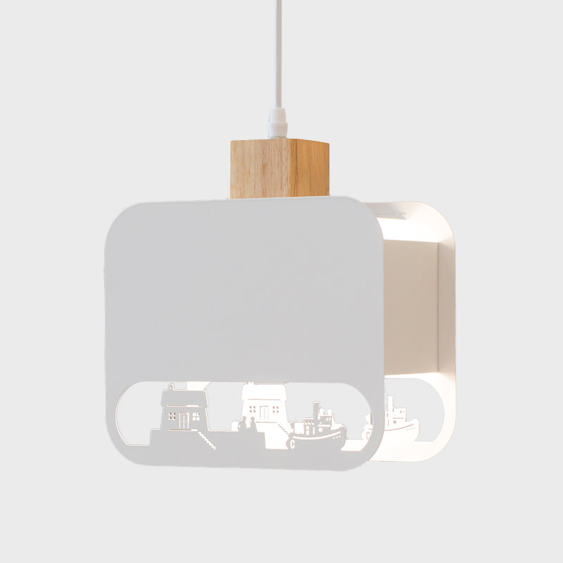 Nordic Style Wood And White Kids Bedroom Hanging Light Kit With Etched Iron Shade