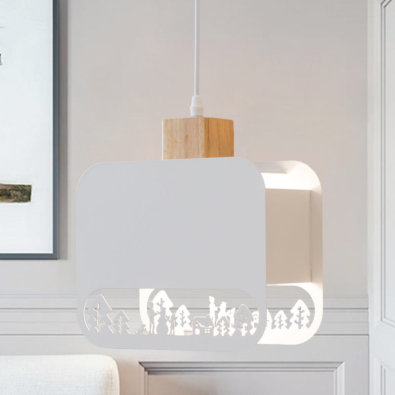 Nordic Style Wood And White Kids Bedroom Hanging Light Kit With Etched Iron Shade / B