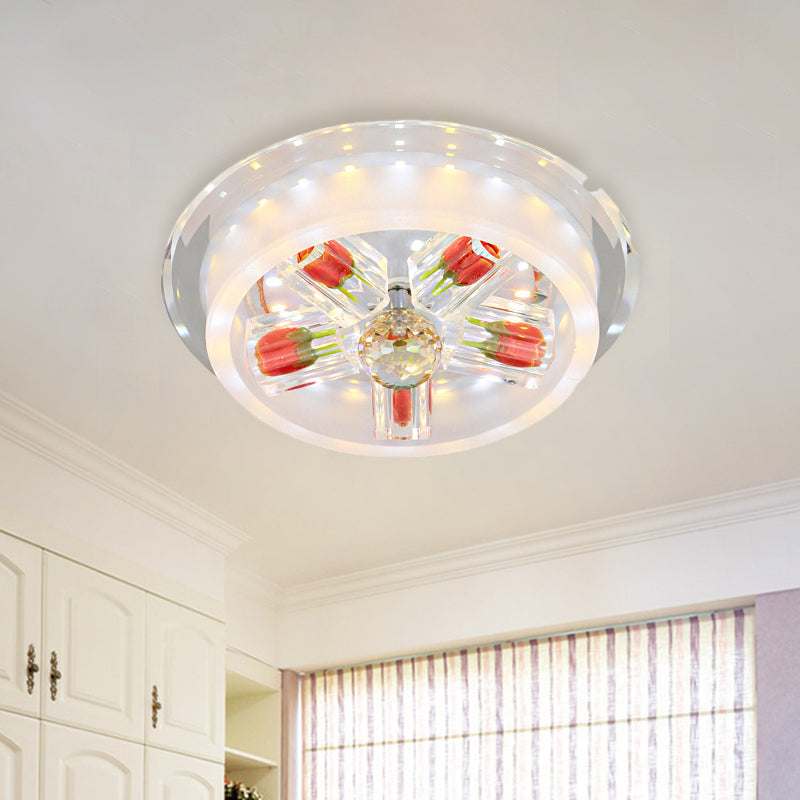 Modern Red Rose Cake LED Flush Mount Light with Crystal Shade - Frosted Glass Ceiling Fixture for Living Room