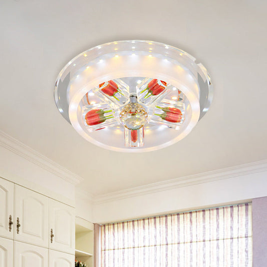 Modern Red Rose Cake LED Flush Mount Light with Crystal Shade - Frosted Glass Ceiling Fixture for Living Room