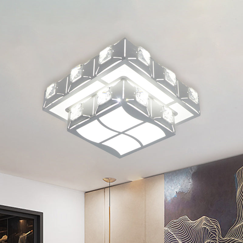 Modern Crystal Embedded 2-Tier Square Ceiling Flush-Mount Light Fixture - White LED Corridor Lighting