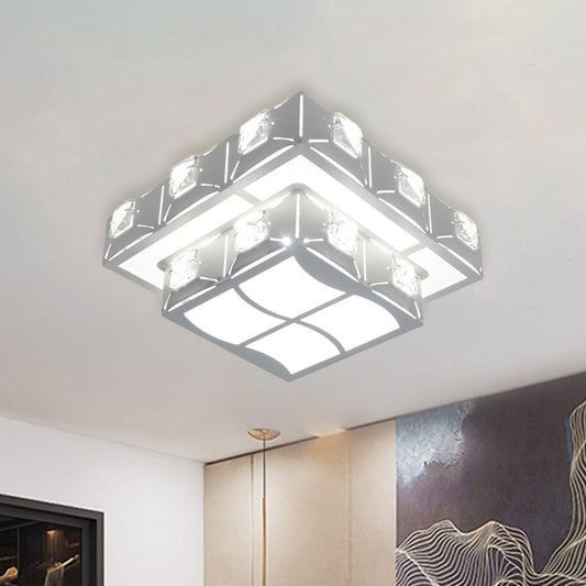 Modern Crystal Embedded 2-Tier Square Ceiling Flush-Mount Light Fixture - White LED Corridor Lighting