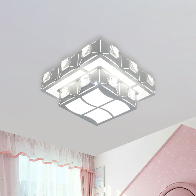 Modern Crystal Embedded 2-Tier Square Ceiling Flush-Mount Light Fixture - White LED Corridor Lighting