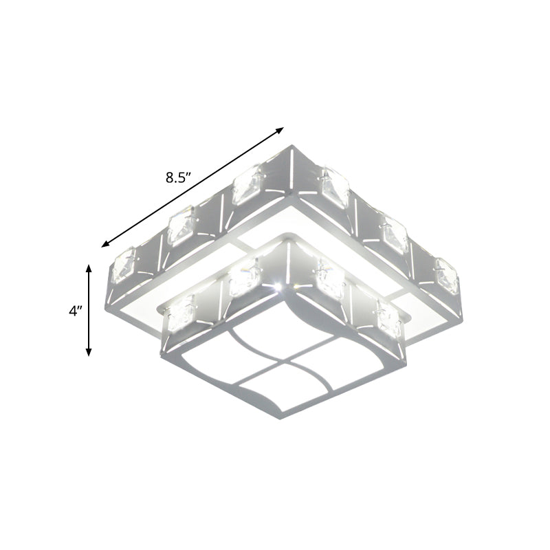 Modern Crystal Embedded 2-Tier Square Ceiling Flush-Mount Light Fixture - White LED Corridor Lighting