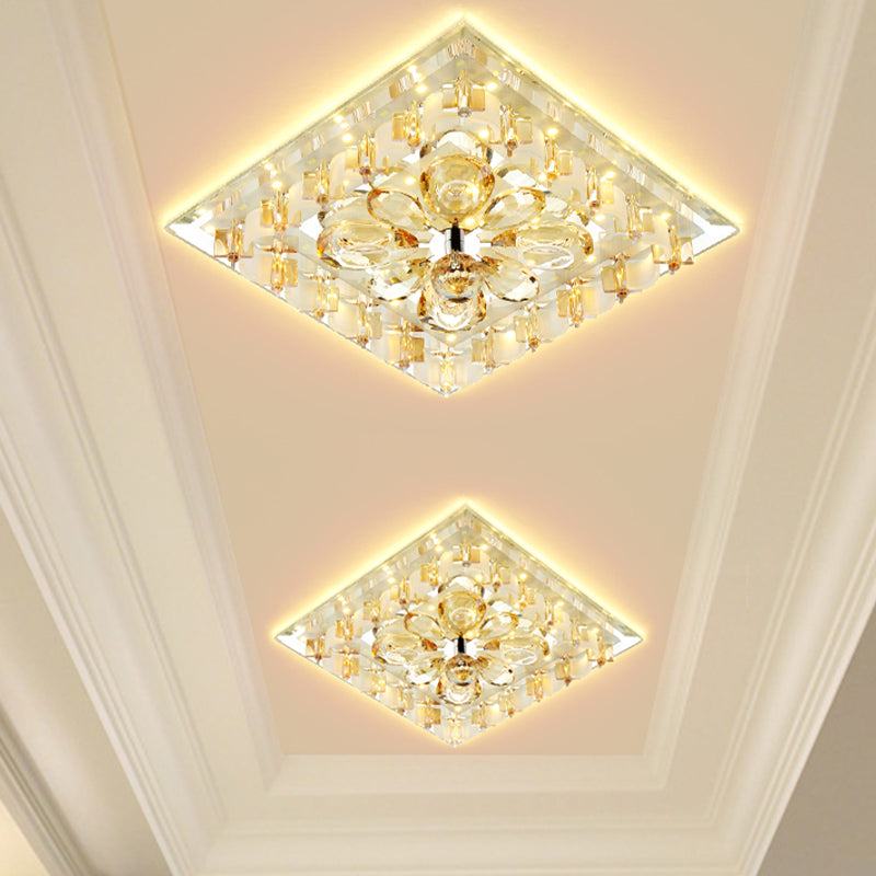 Contemporary Amber Crystal LED Flush Light for Hallway with Warm/White Light