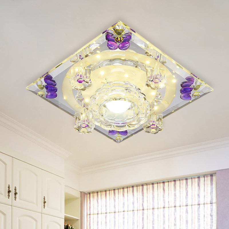 Modern Crystal LED Flush-Mount Light Fixture: Purple Butterfly/Amber Gem Ceiling Lamp