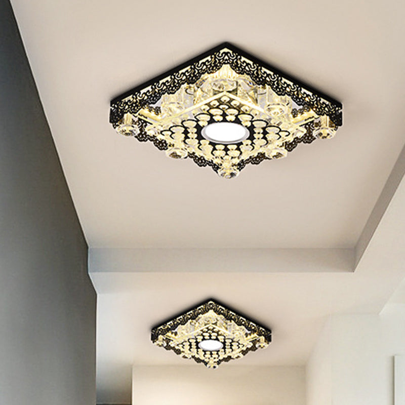 Black Crystal Floral-Trim LED Close-to-Ceiling Lamp - Contemporary Square/Round Design