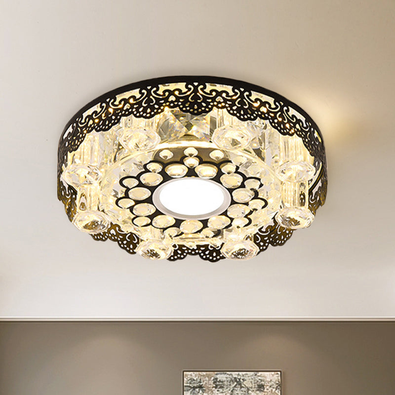Black Crystal Floral-Trim LED Close-to-Ceiling Lamp - Contemporary Square/Round Design