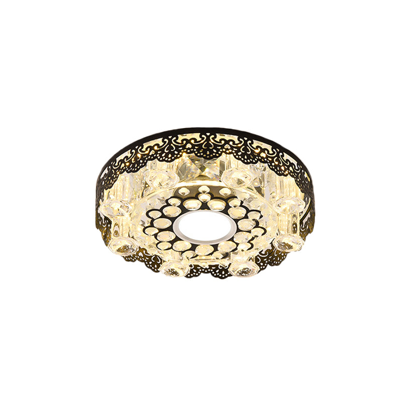 Black Crystal Floral-Trim LED Close-to-Ceiling Lamp - Contemporary Square/Round Design