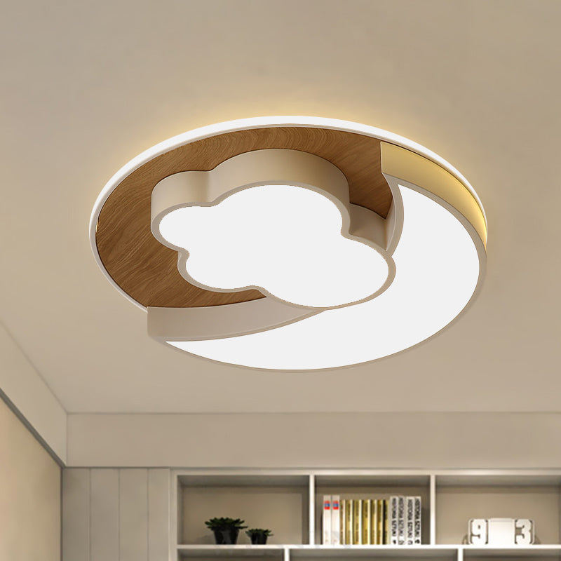 Cartoon Crescent and Cloud LED Flush Mount Light for Child's Bedroom in Blue/Wood
