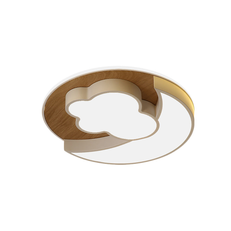 Cartoon Crescent and Cloud LED Flush Mount Light for Child's Bedroom in Blue/Wood