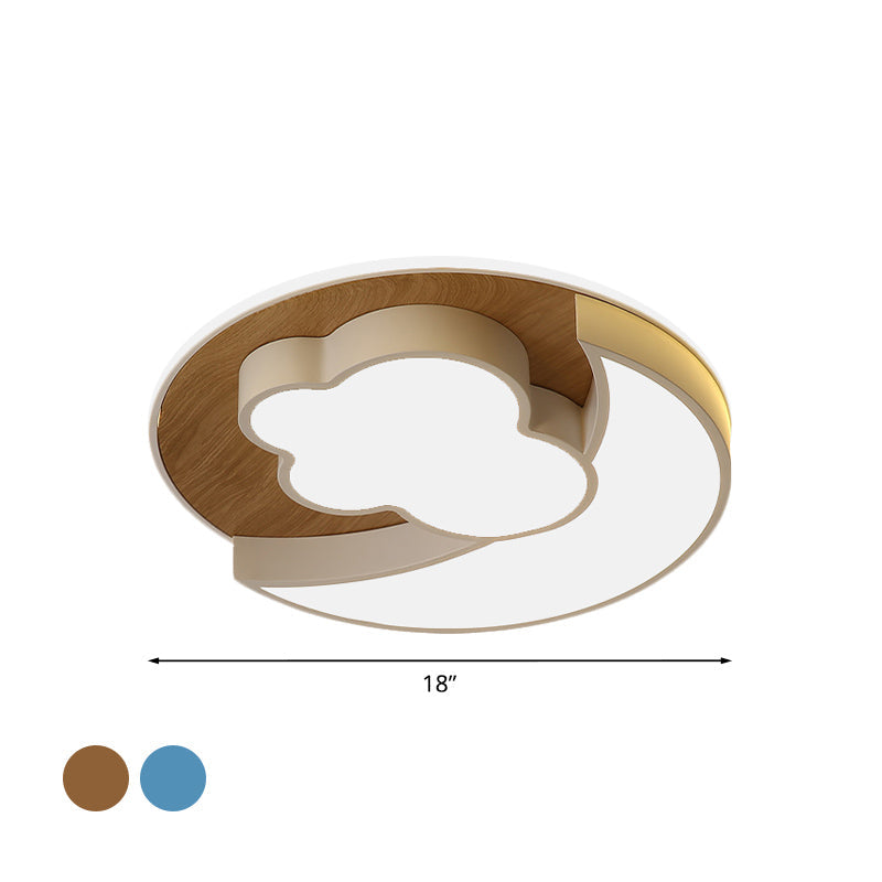 Cartoon Crescent and Cloud LED Flush Mount Light for Child's Bedroom in Blue/Wood