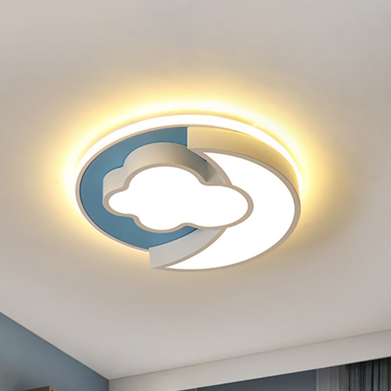 Cartoon Crescent and Cloud LED Flush Mount Light for Child's Bedroom in Blue/Wood