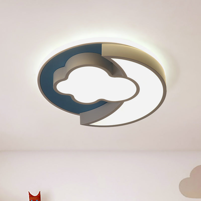 Cartoon Crescent and Cloud LED Flush Mount Light for Child's Bedroom in Blue/Wood