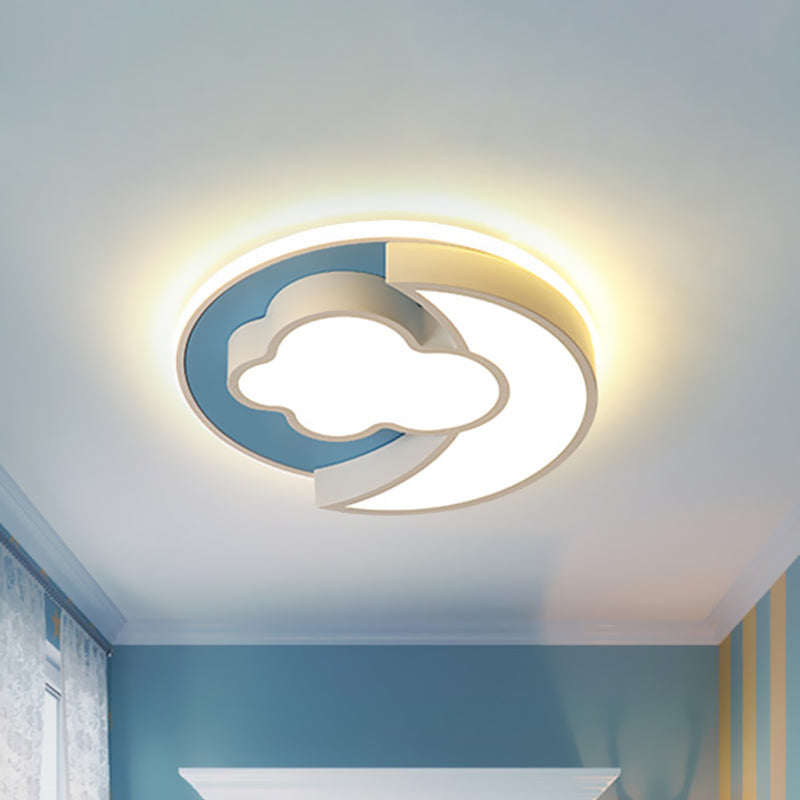 Cartoon Crescent and Cloud LED Flush Mount Light for Child's Bedroom in Blue/Wood