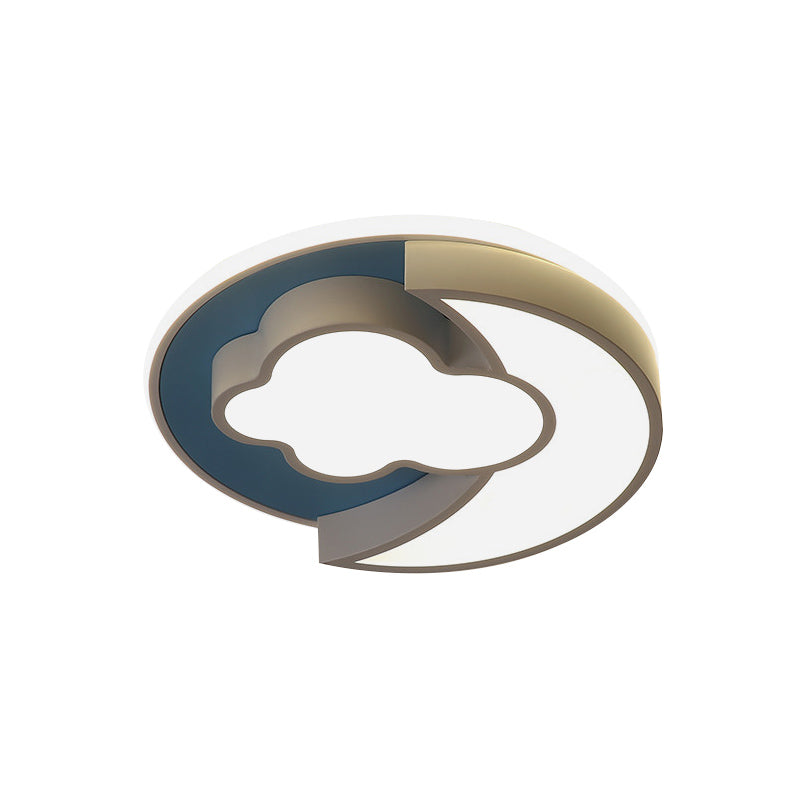 Cartoon Crescent and Cloud LED Flush Mount Light for Child's Bedroom in Blue/Wood